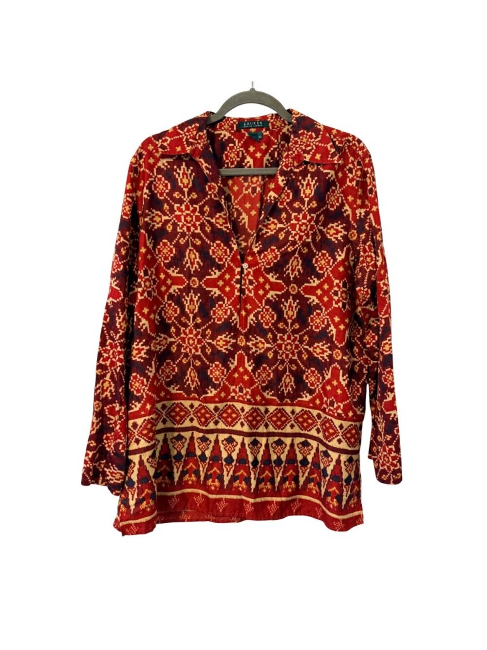 Lauren Ralph Lauren Red Gold Boho Ikat Print Pullover Tunic Blouse Sz XL tunic